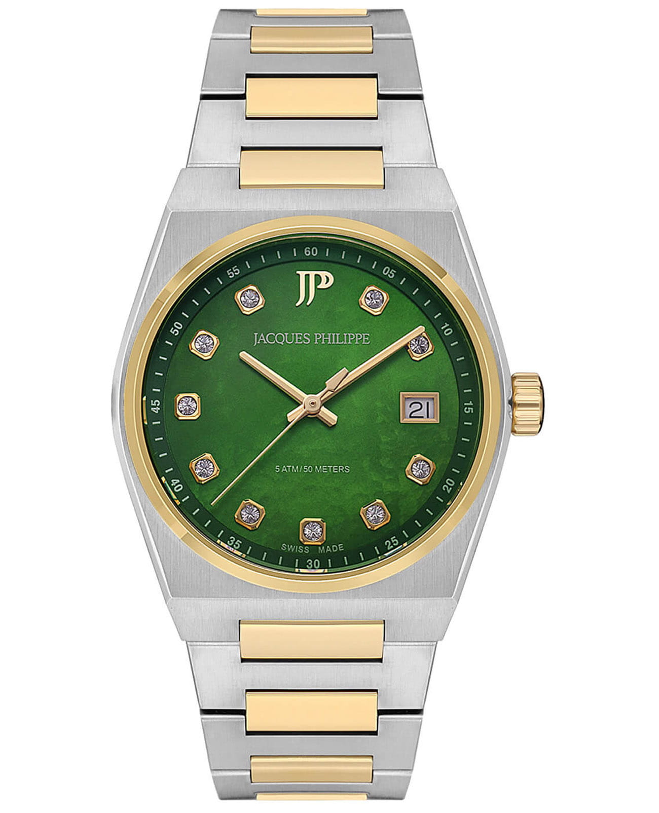 Jacques Philippe Jacques Philippe Aurora JPQLS527398S  JPQLS527398S кварцевые мужские часы зеленый циферблат, браслет нержавеющая сталь с pvd-покрытием — вид спереди